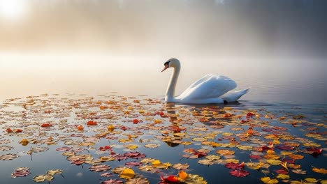 a majestic swan gliding through misty waters surrounded by vibrant autumn leaves under soft morning light