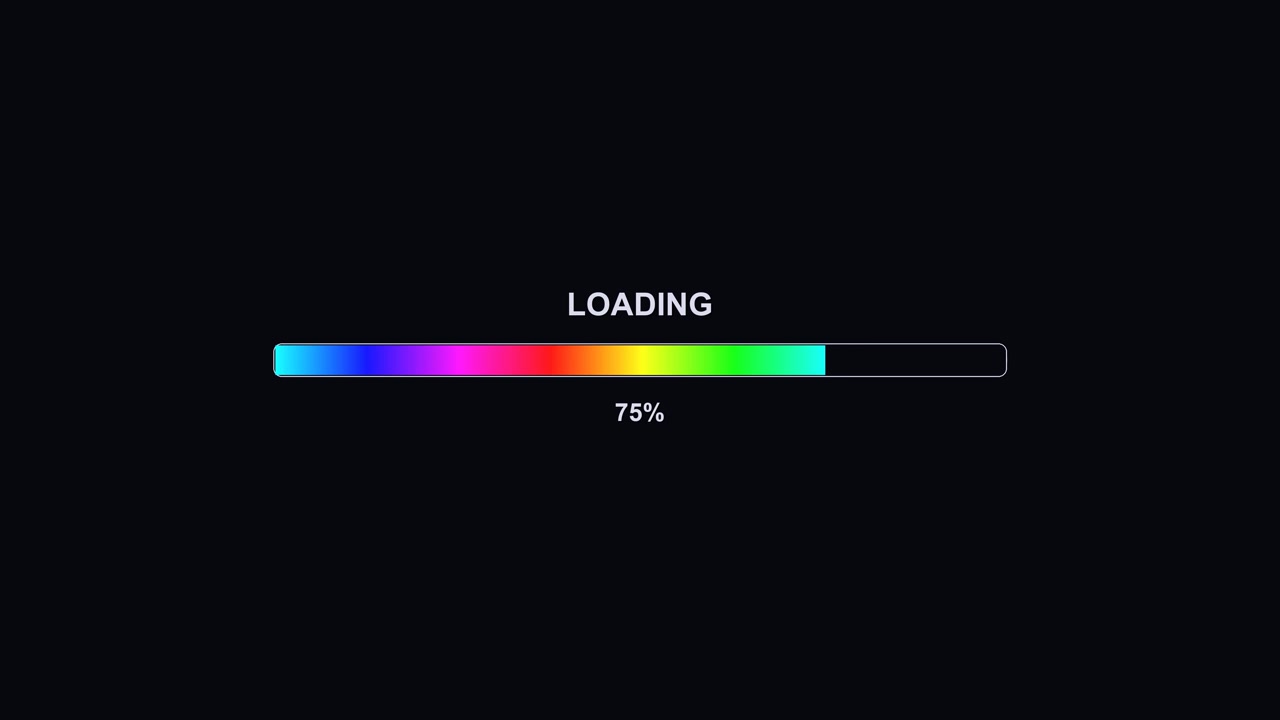 A progress bar animation is displayed on a dark background, indicating loading status. The bar shows colorful segments and reaches 100 percent completion