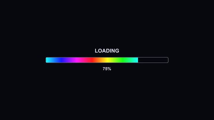 A progress bar animation is displayed on a dark background, indicating loading status. The bar shows colorful segments and reaches 100 percent completion