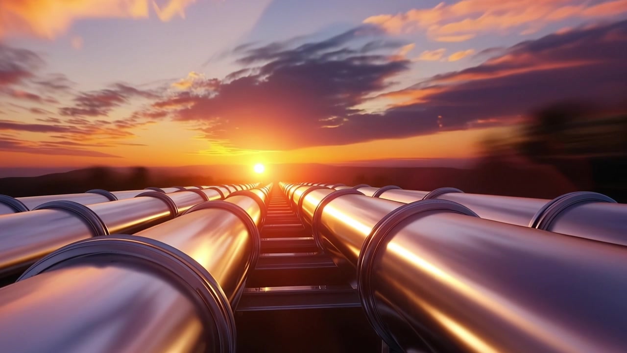 Tuberías metálicas que se extienden hacia un atardecer vibrante, mostrando colores intensos y la belleza serena de la naturaleza en un armonioso paisaje industrial