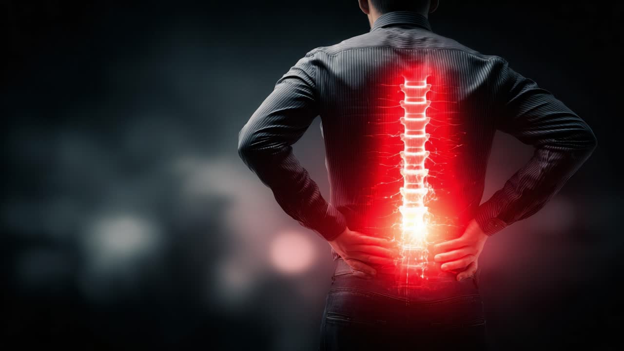 Representación visual de la salud de la columna vertebral: Una ilustración brillante que muestra la columna vertebral con energía sobre un fondo oscuro, enfatizando la postura y el bienestar