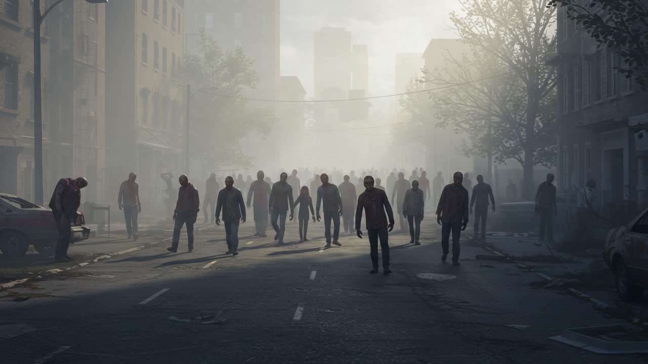 A hauntingly desolate street filled with eerie figures shrouded in fog, embodying the essence of a post-apocalyptic world where silence prevails among the shadows