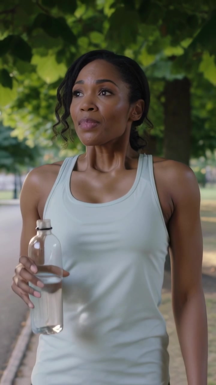 Vertical video: Stopping to hydrate, woman in tank, shorts sipping from clear bottle on park path