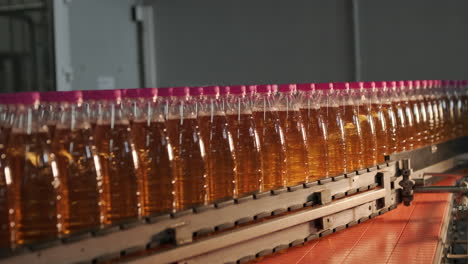 bottles on a conveyor belt in a beverage factory