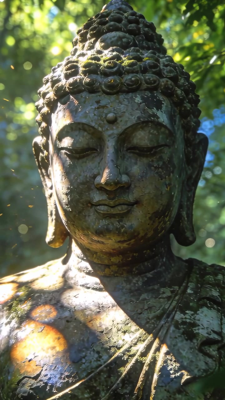 Video verticale: Foglie che si muovono, il sole spinge la telecamera verso l'alto, mostrando una veste di Buddha, muschio e polvere in giardino.