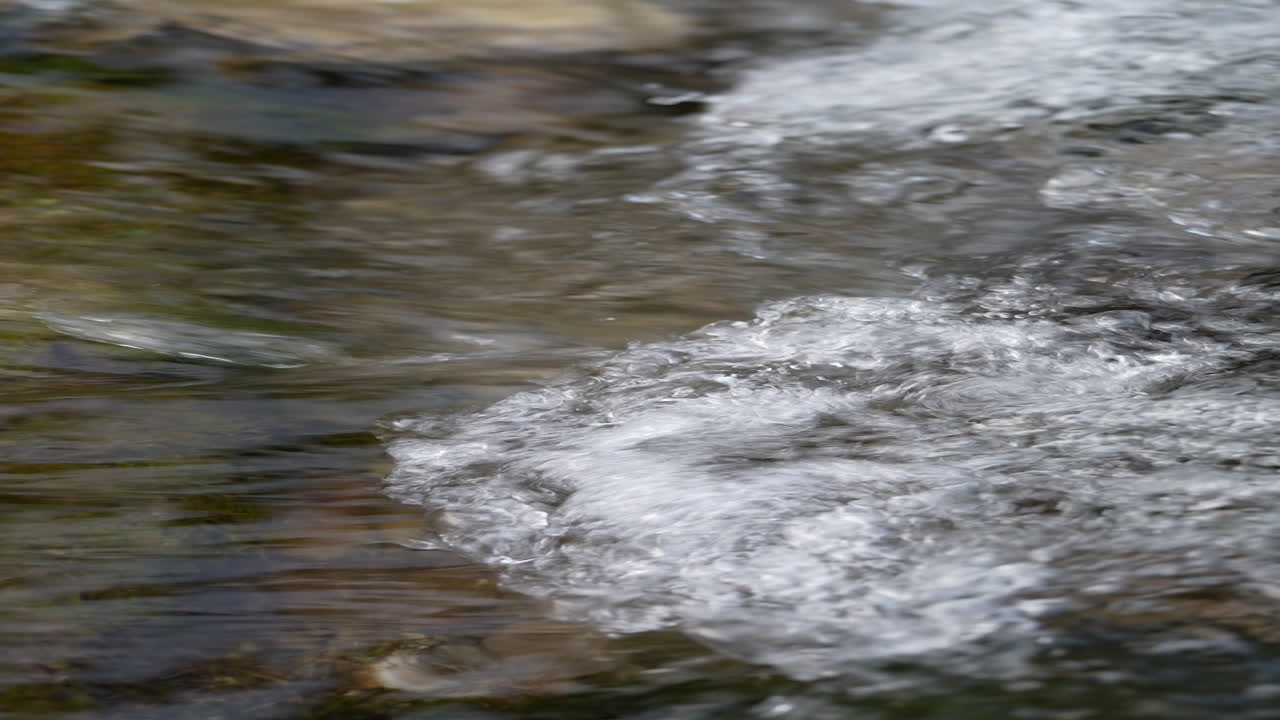 Vertical close-up of crystal clear water flowing with small foamy rapids, captured near Klöntalersee, Glarus, Switzerland. Tranquil nature footage for environmental, relaxation background