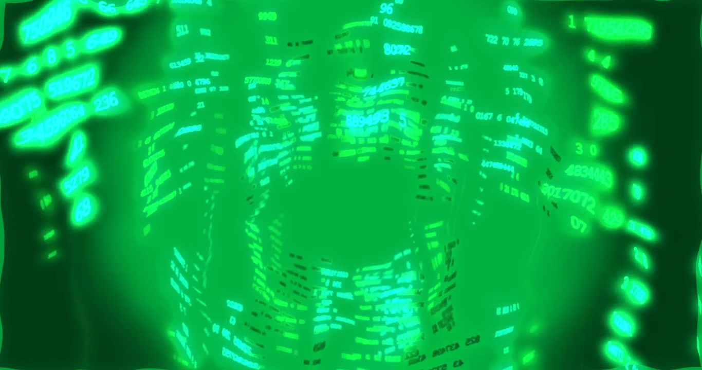 Neon bits stretching into ribbons, spiraling to form glowing code column on transparent backdrop