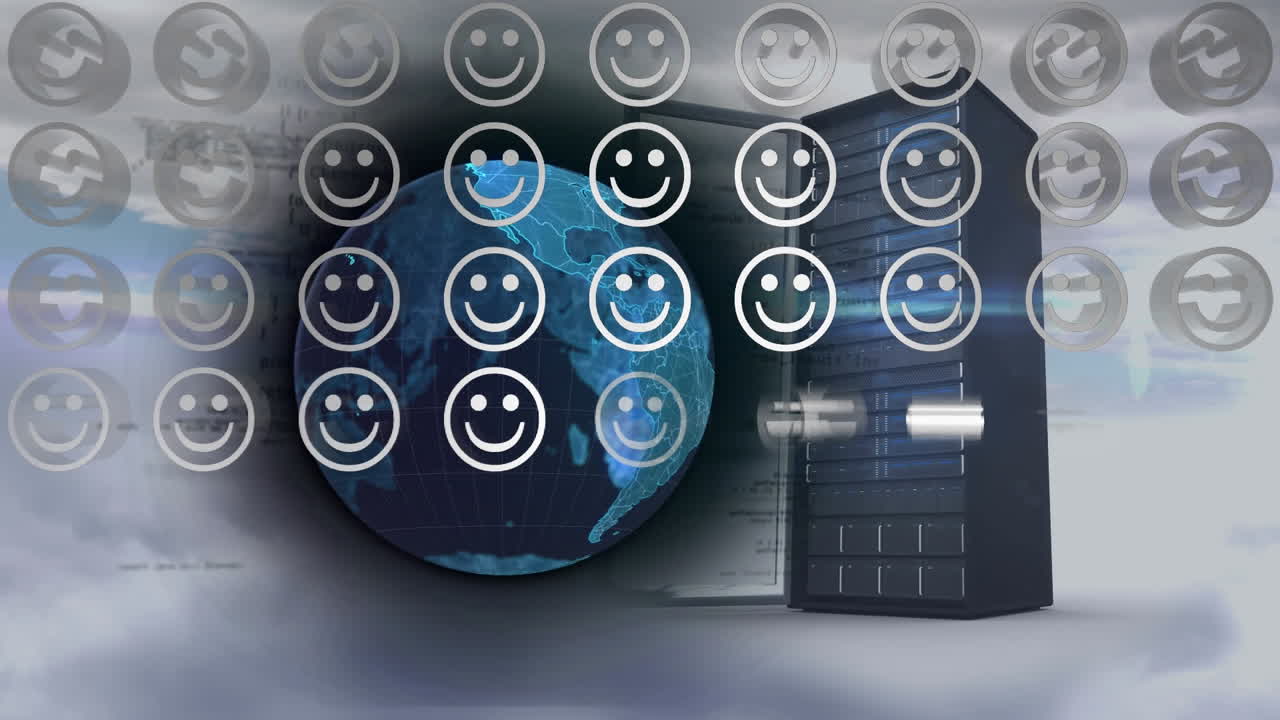 Rows of smiling face emojis over spinning globe and computer server against clouds in sky