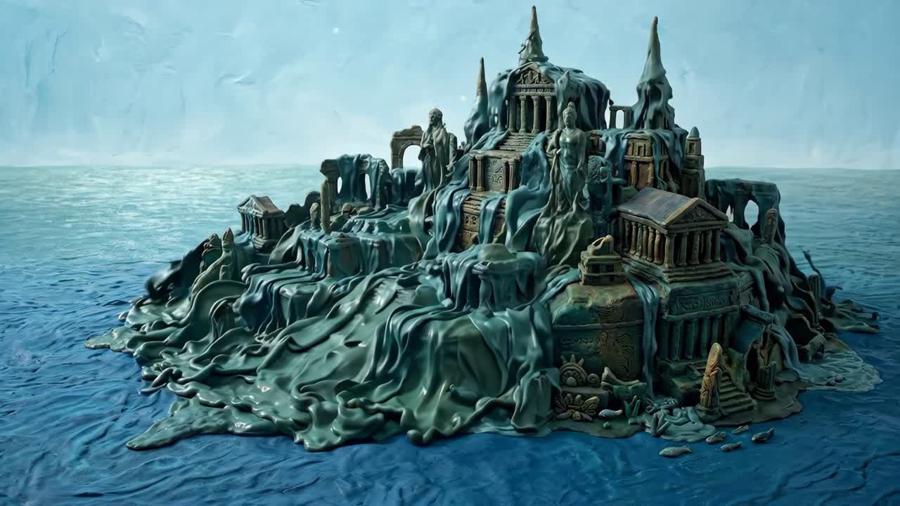 Maquette dynamique de l'Atlantide émergeant des profondeurs.