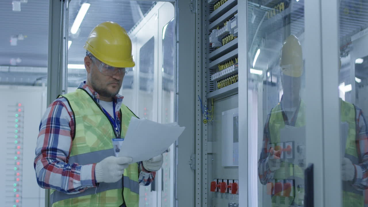 ingeniero eléctrico inspeccionando el panel de control