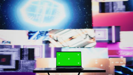empty space with a laptop showing green screen mockup next to artistic lights