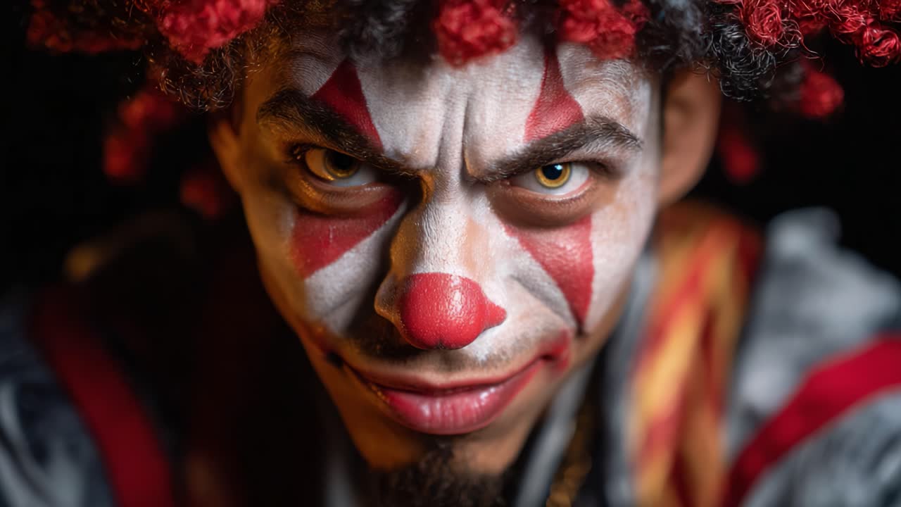 Intense close-up of a clown demonstrating a captivating expression with striking makeup and vibrant curly hair, highlighting a mix of intrigue and menace in the gaze