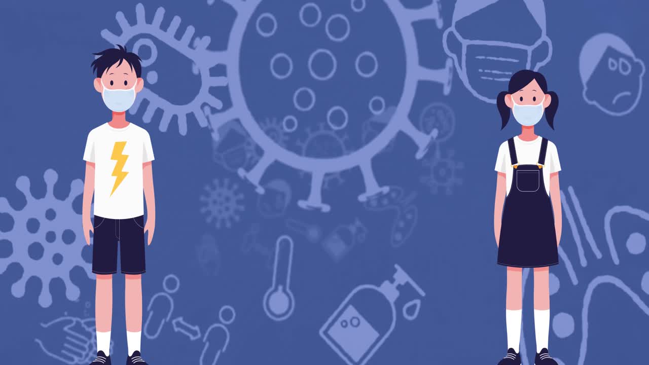 마스크를 쓴 소년과 소녀의 픽토그램 애니메이션 코로나19 아이콘과 함께 사회적 거리두기