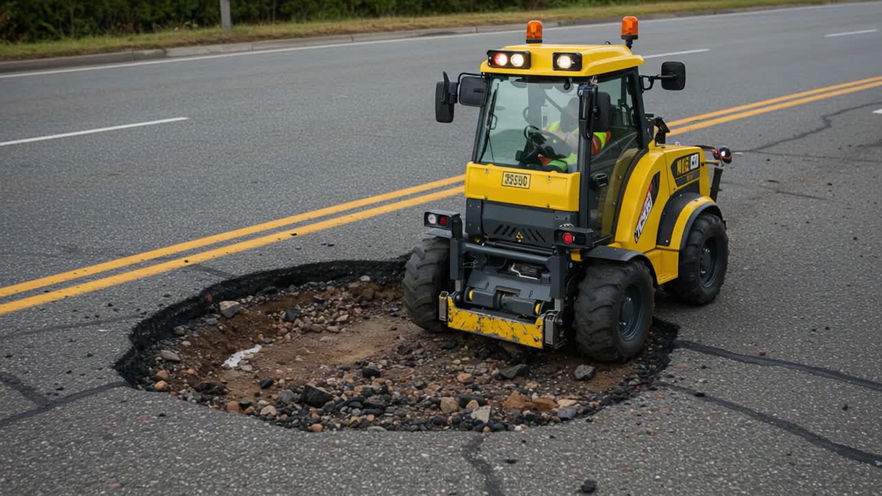 Road Repair Work: Heavy Machinery Filling a Large Pothole with Dirt to Restore Surface Integrity and Ensure Safe Driving Conditions