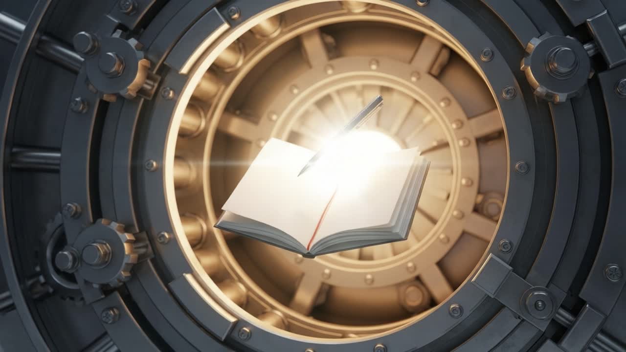 A captivating visual of an open book illuminated in a vault, showcasing the intersection of knowledge and security with a pen poised ready for writing, encapsulating a blend of creativity and safekeeping