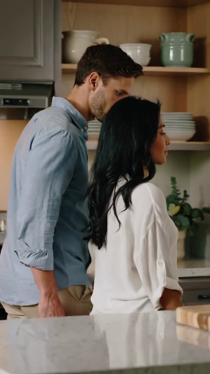 Video verticale: Uomo in movimento con maglietta blu che si china a baciare dolcemente una donna con maglietta bianca vicino alla fruttiera in cucina