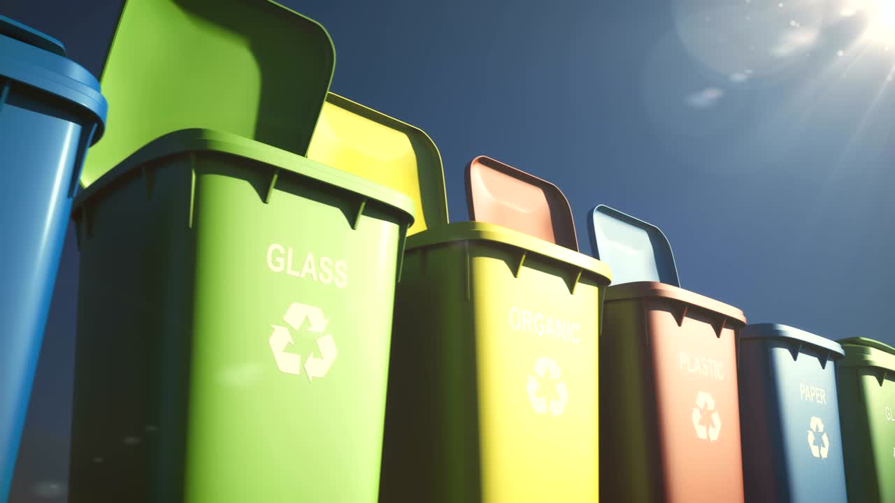 Multi-colored plastic waste bins with flaps open and close and waste type labels