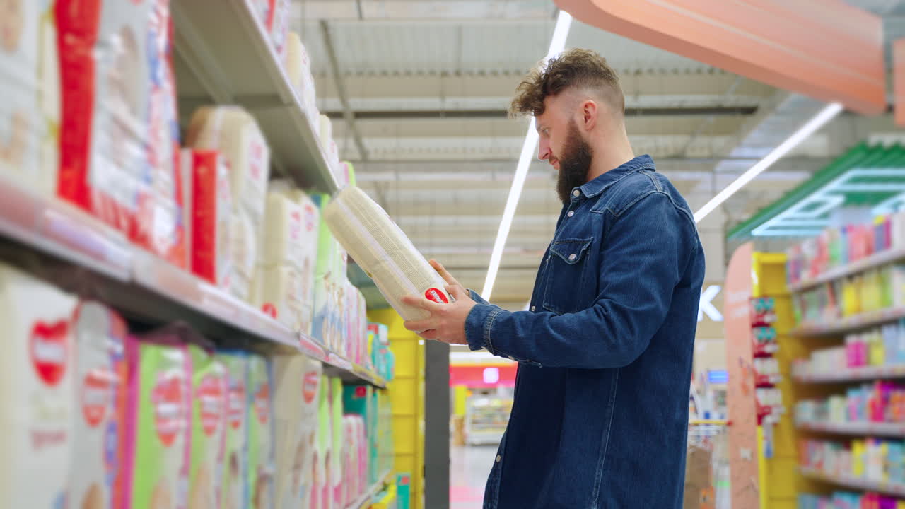hombre comprando productos para bebés en un supermercado