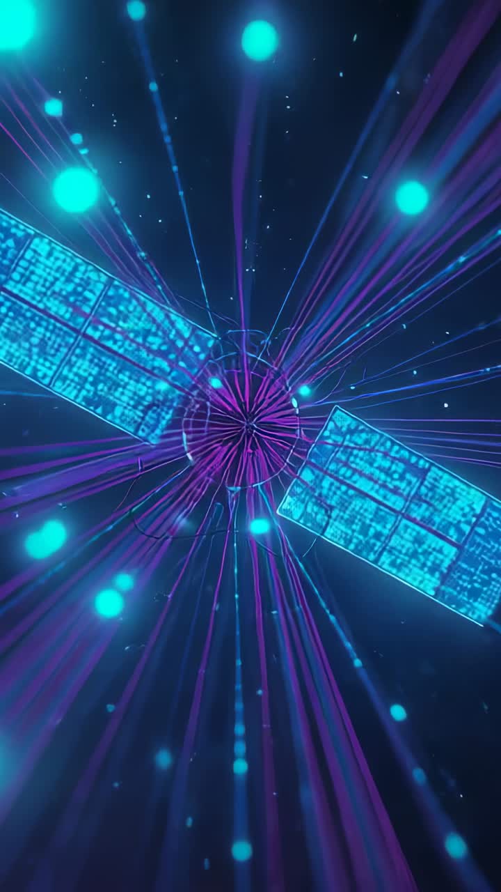 Vertical video: Camera initiating orbit, circling purple filament hub and revealing cyan panels