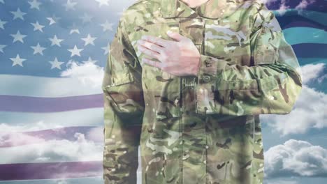 American-soldier-taking-a-pledge-and-American-flag-swaying-in-the-background-4k