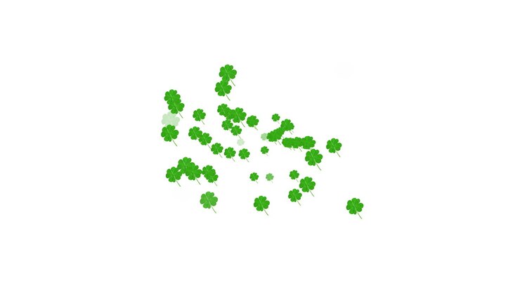 Molteplici foglie di trifoglio fluttuanti e scie di luce verde su sfondo bianco