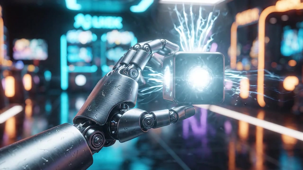 En futuristisk robothånd viser en glødende terning i en livlig spillearkade fyldt med neonlys og avancerede spillemaskiner, der skaber en fordybende atmosfære.