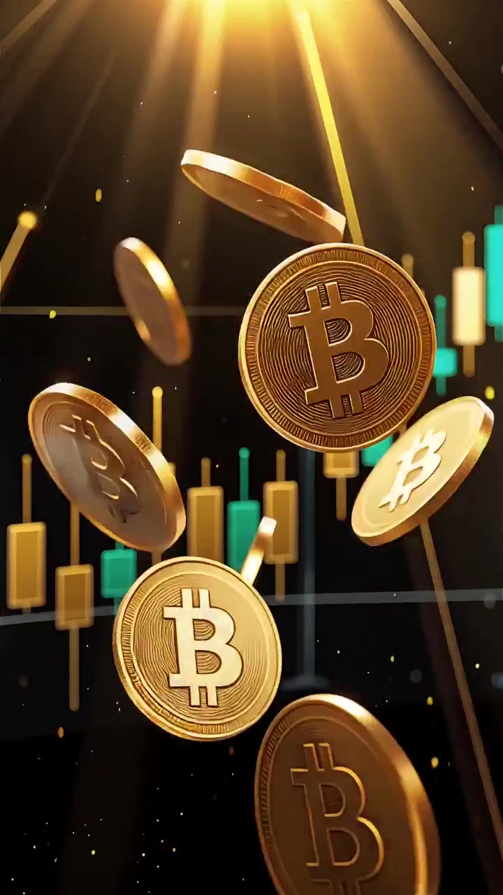 Moedas de Bitcoin douradas com fundo de gráfico de velas desfocado 4K