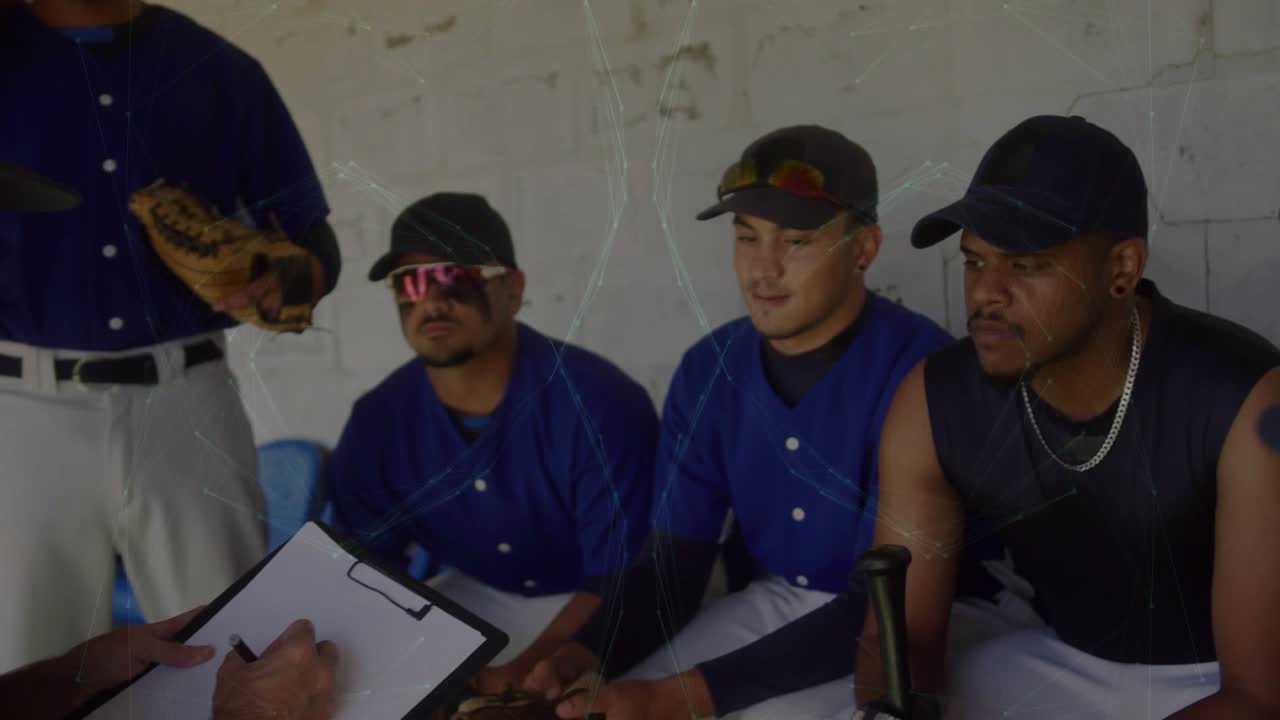 Baseball coach entering dugout gathering team, planning play with animated lineup chart overlay