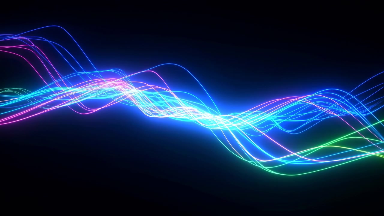 A mesmerizing display of futuristic glowing abstract wave patterns set against a dark background, featuring a neutral perspective and digital graphics elements. The dynamic and vivid visual.