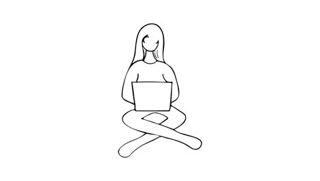 drawing animation of girl character working on laptop. doodle animation of woman character working on laptop. line animation of woman working on laptop. freelancer doodle concept