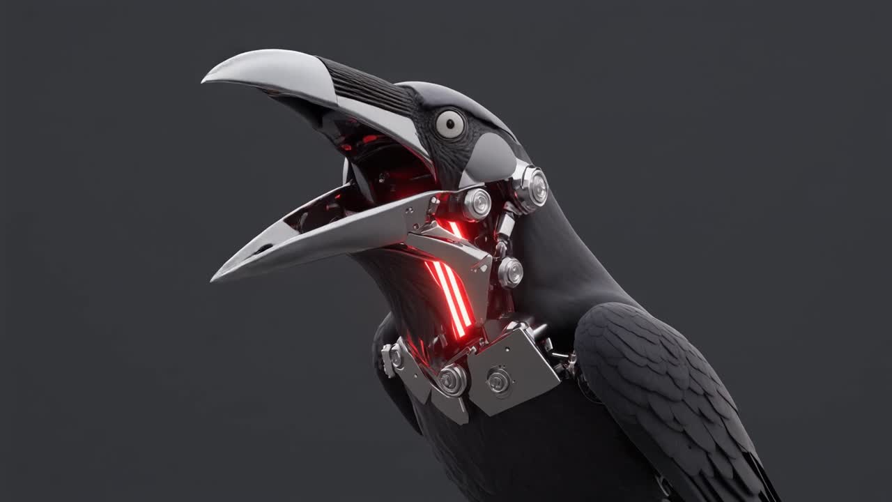 Robotic Crow Cawing with Glowing Red Mechanisms