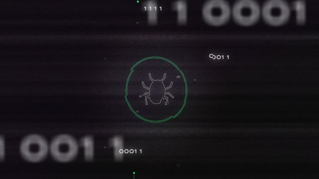 Animation of interference over bug icon , data processing and computer circuit board