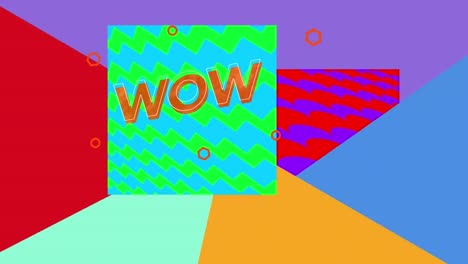 Animation-of-wow-text-in-orange-over-wavy-lines-in-square-on-divided-colourful-background