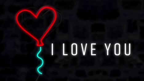 animation of the words i love you and red neon heart balloon flashing on black background