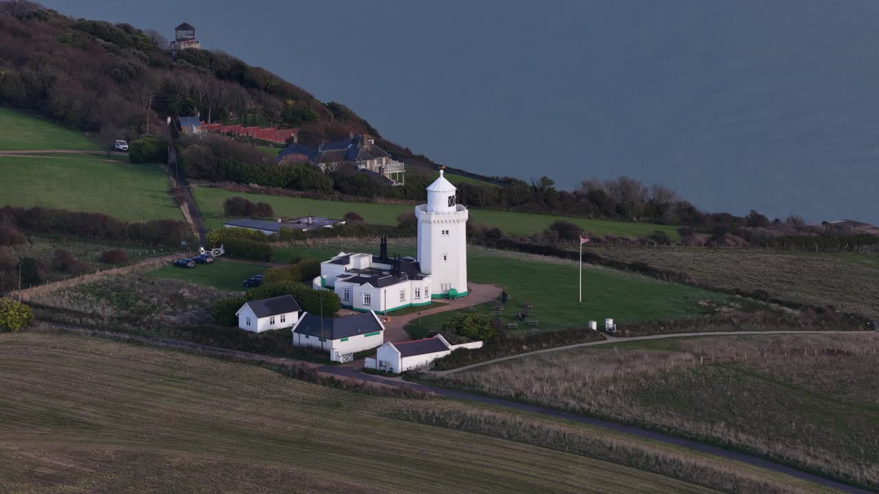 South Foreland Lighthouse, at the coastline of Dover on top of limestone cliffs. Aerial video