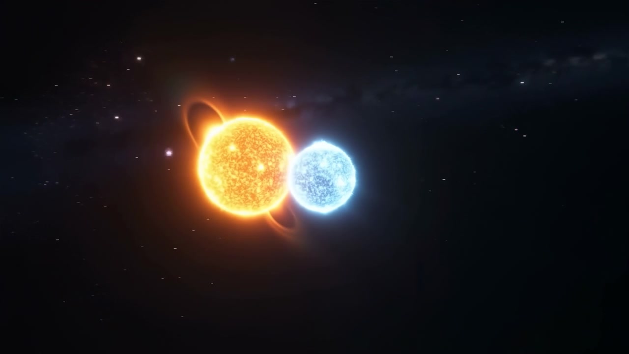 Two closely placed stars glow against dark starfield, showing warm orange primary beside cool blue-white companion, bright central overlap, curved bridge, halos, and cosmic contrast