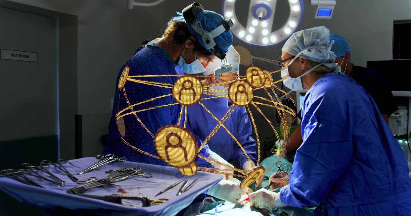 Left surgeon making incision initiating AR network guiding surgical team beneath surgical light