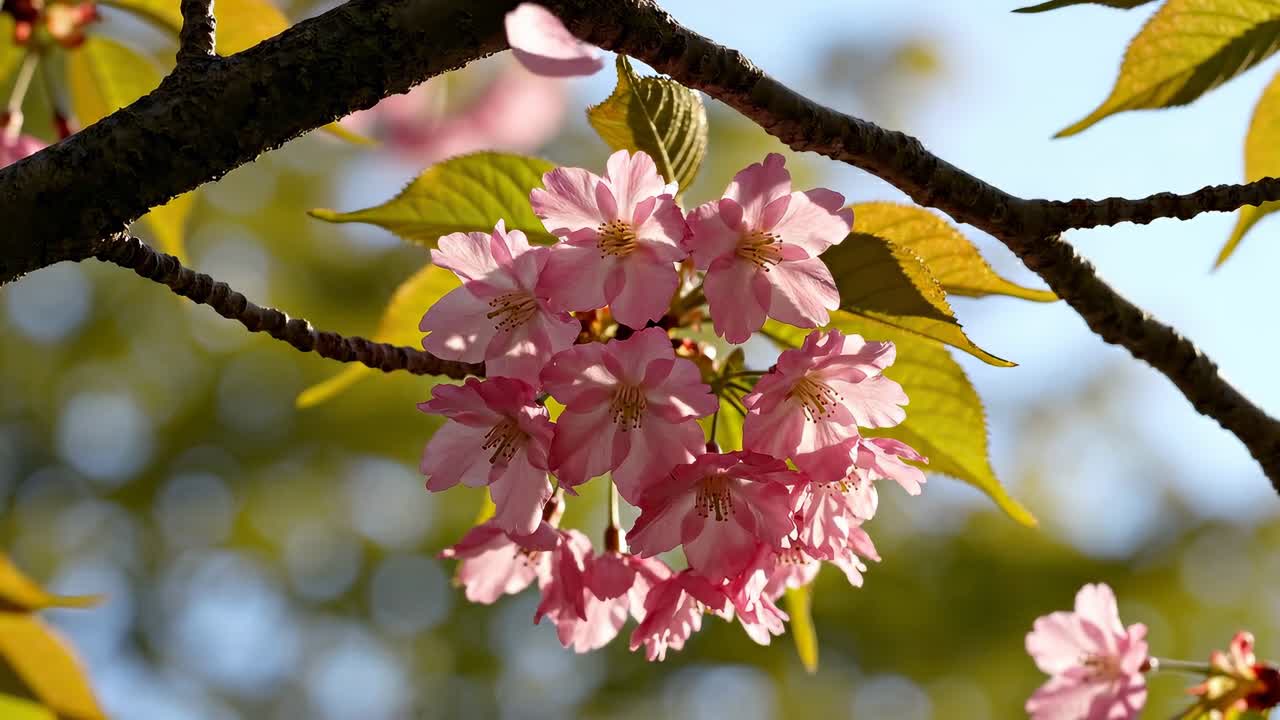 Fiori di ciliegio rosa che ondeggiano dolcemente su un ramo d'albero