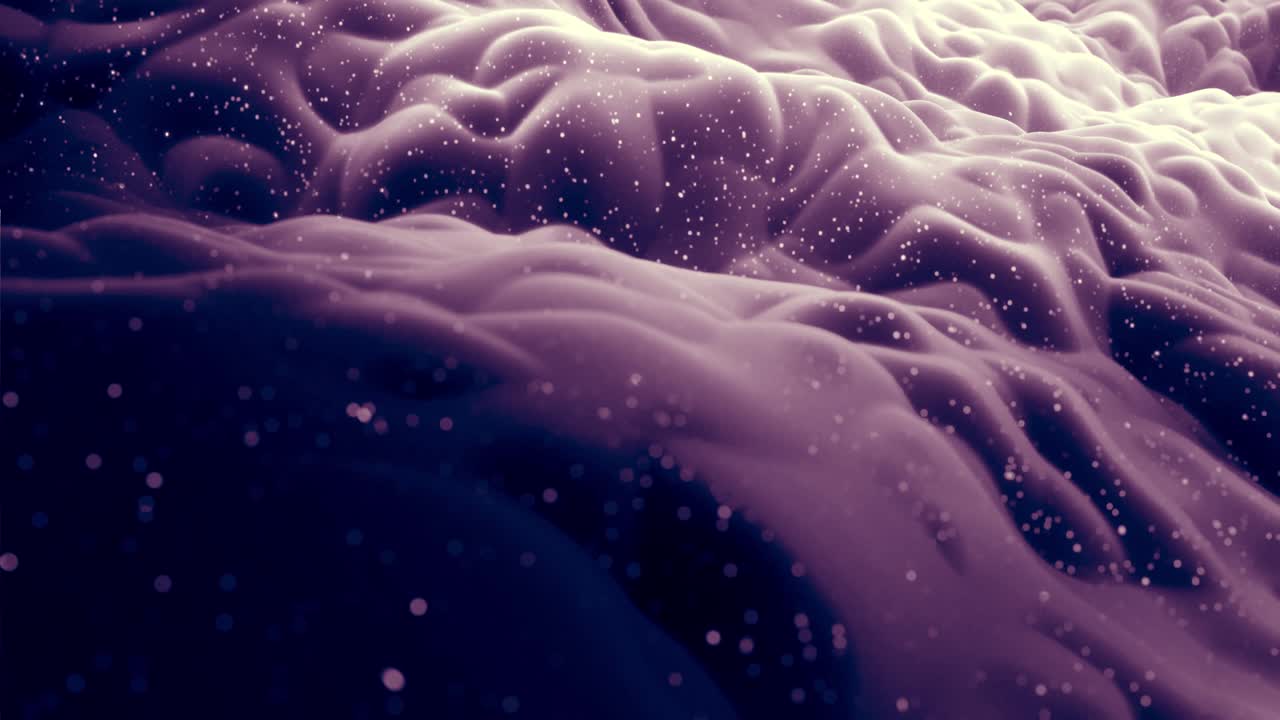 Abstract waves of soft black matte material with light inner glow and glitters on morphing surface. Abstract geometric surface like landscape or terrain, extrude or displace 3d noise. Loop 4k
