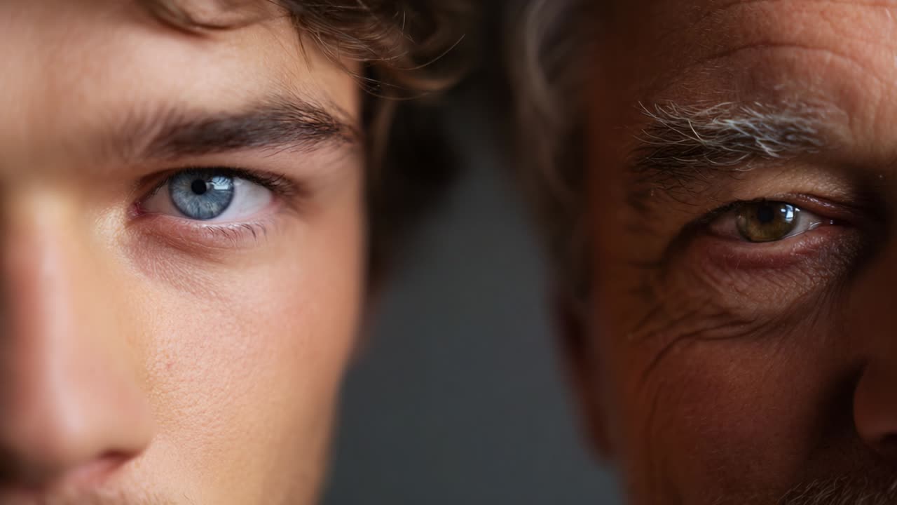 A Profound Contrast of Generations: Capturing the Intense Gaze of a Young Man and an Older Man, Showcasing Their Respective Expressions and Unique Features in Striking Detail