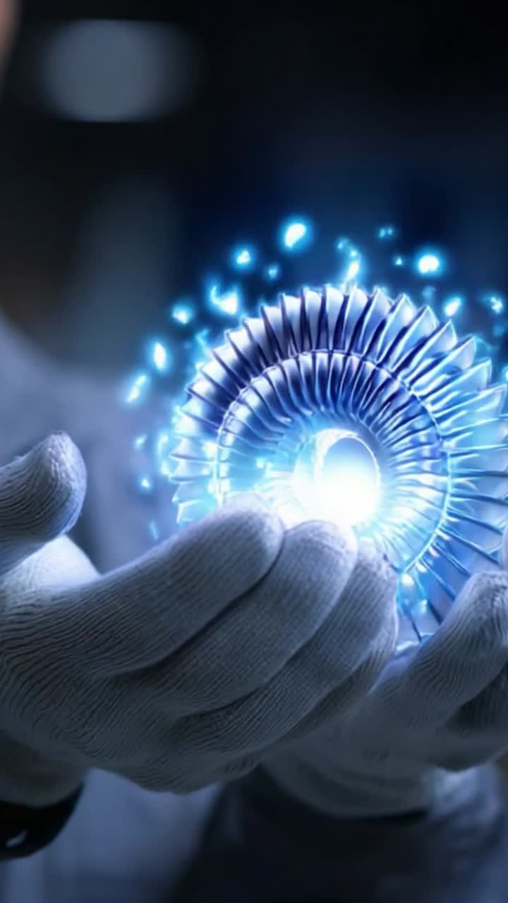 A Glowing Circular Energy Sphere Held in Gloved Hands, Symbolizing Innovation and Technology in a Futuristic Environment, Radiating Blue Sparks and Light