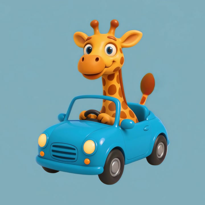 Simpatica giraffa a cartone animato che guida un'auto giocattolo blu