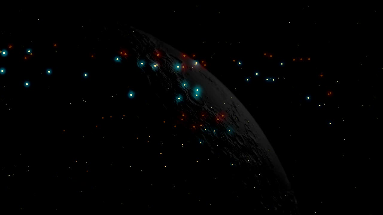 resplandor abstracto chispas brillantes partículas de polvo con fondo de luna renderización en 3d