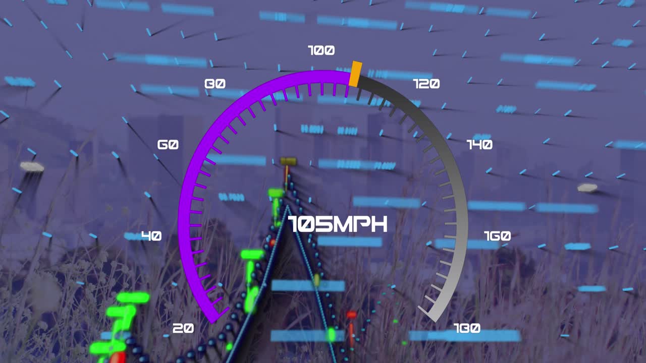 анимация обработки данных над городским пейзажем