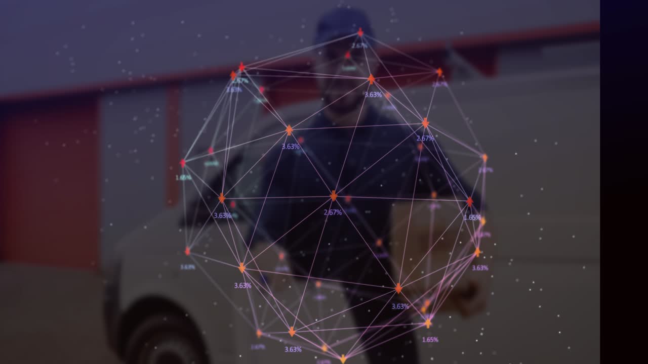 Animation of network of connections with icons over cityscape spinning