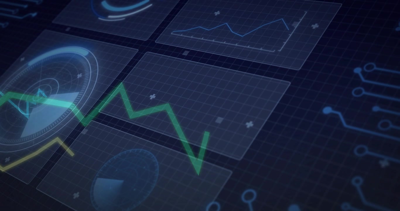 Analytics dashboard animating grid panels on telemetry update, green trace peaking center-right