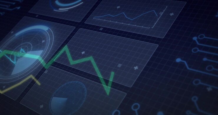 Analytics dashboard animating grid panels on telemetry update, green trace peaking center-right