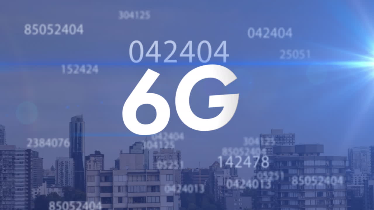 도시 풍경 위의 6g 텍스트 및 데이터 처리의 애니메이션