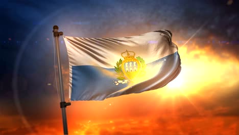la bandera de san marino retroiluminada en un hermoso bucle de amanecer en cámara lenta 4k