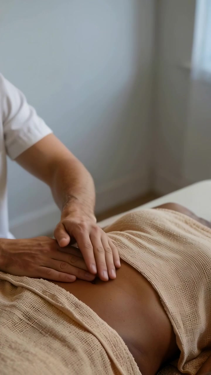Vertikal video: Terapeut placerer håndfladerne på bar mave og masserer maven i spa for at give lindring